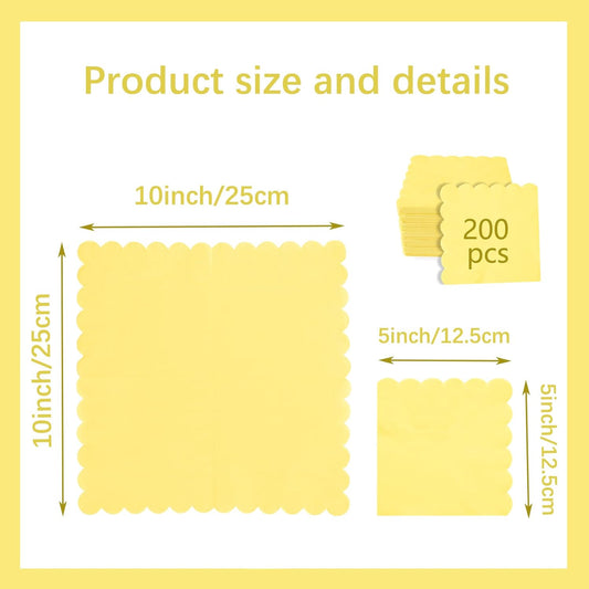 200 Pieces 2-ply Light Yellow Napkin Disposable Scalloped Cocktail Napkins 5 x 5 Inches Beverage Napkins Dessert Napkins Paper Napkins for Wedding Birthday Party Paper Dinner Napkins(yellow)