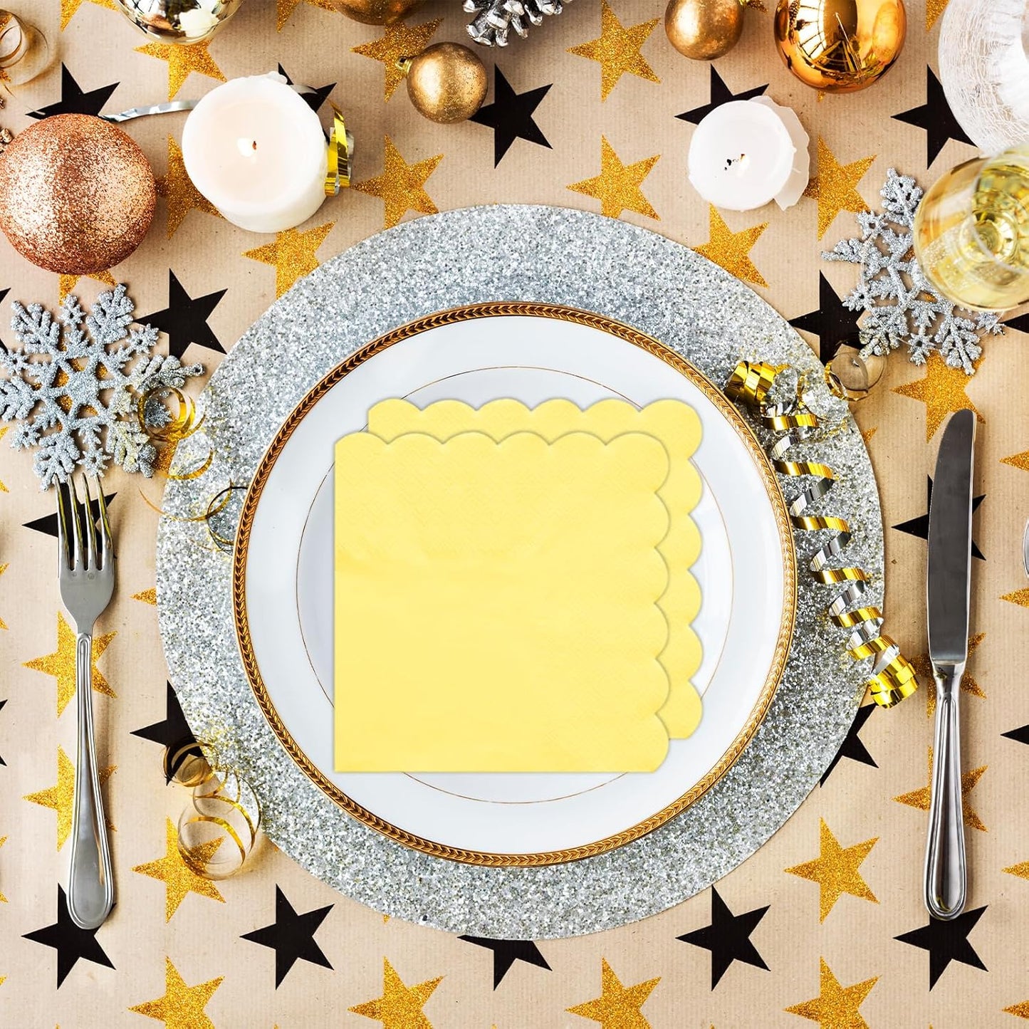 200 Pieces 2-ply Light Yellow Napkin Disposable Scalloped Cocktail Napkins 5 x 5 Inches Beverage Napkins Dessert Napkins Paper Napkins for Wedding Birthday Party Paper Dinner Napkins(yellow)