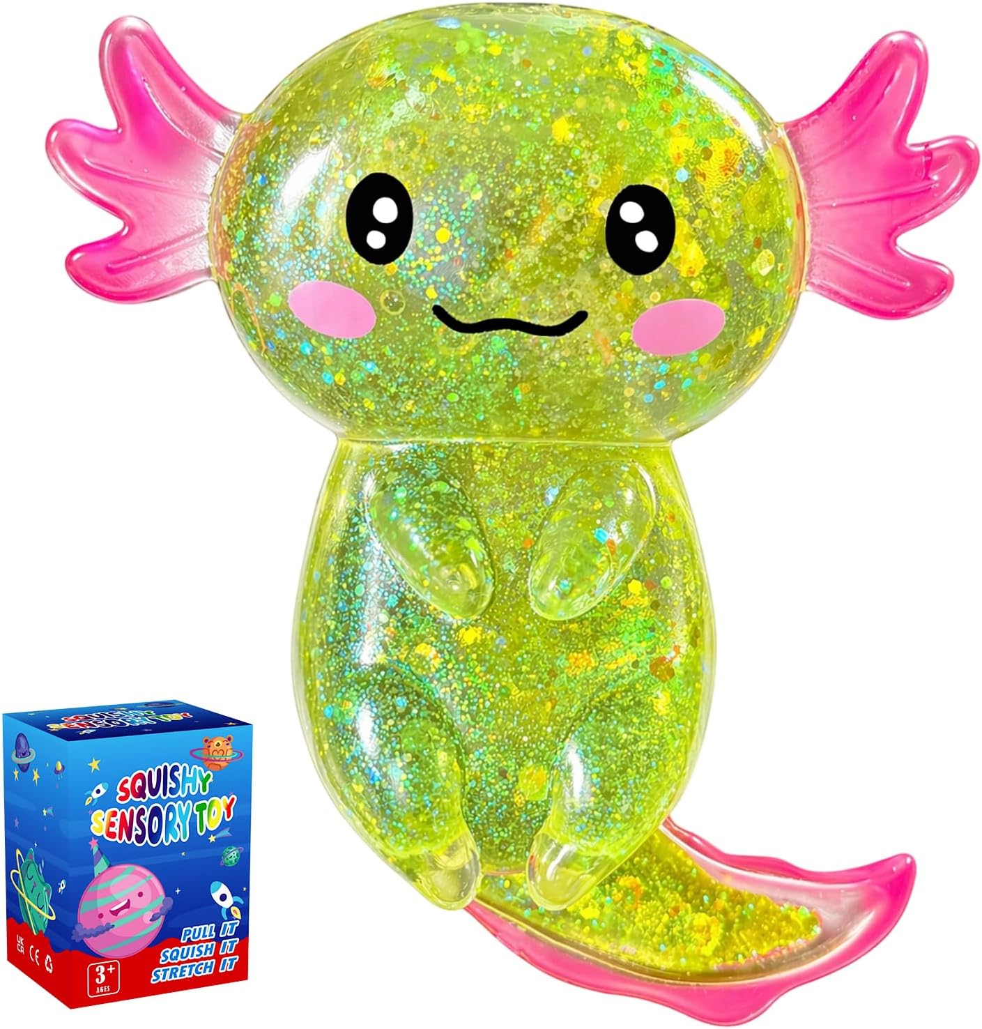 Axolotl Squishy Glitter Stress Relief Toy, Slow Rising Squishy (Yellow) | Relief Squishy Toys, Slow Rising Squishy Toys, Fidget Toys for Kids Youth Adult, Salamander Gift for Party Birthday Christmas