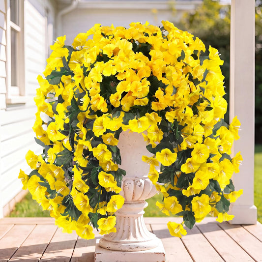 Artificial Fake Hanging Flowers Plants for Outdoor Outside Spring Summer Decoration 2PCS Faux Silk UV Resistant Realistic Morning Glory Trailing Vines for Home Porch Patio Balcony(Yellow)