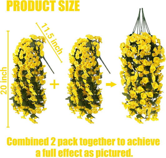 Artificial Fake Hanging Flowers Plants for Outdoor Outside Spring Summer Decoration 2PCS Faux Silk UV Resistant Realistic Morning Glory Trailing Vines for Home Porch Patio Balcony(Yellow)