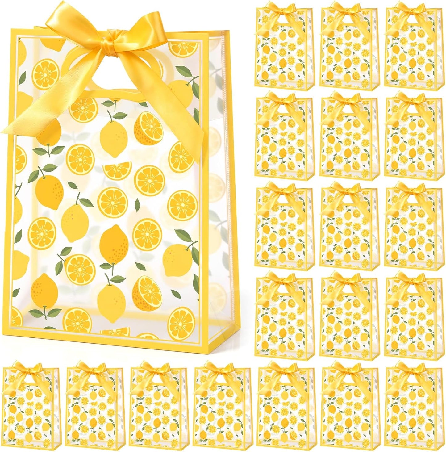 20 Pack Lemon Gift Bags, PP Clear Gift Bags with Handles, Lemonade Themed Party Favors, Transparent Plastic Treat Candy Snack Packaging for Wedding Birthday Summer Party Supplies