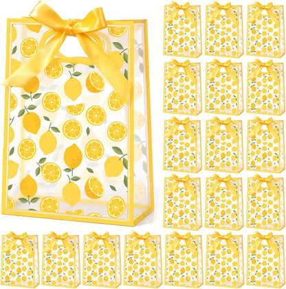 20 Pack Lemon Gift Bags, PP Clear Gift Bags with Handles, Lemonade Themed Party Favors, Transparent Plastic Treat Candy Snack Packaging for Wedding Birthday Summer Party Supplies
