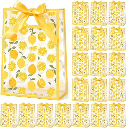 20 Pack Lemon Gift Bags, PP Clear Gift Bags with Handles, Lemonade Themed Party Favors, Transparent Plastic Treat Candy Snack Packaging for Wedding Birthday Summer Party Supplies