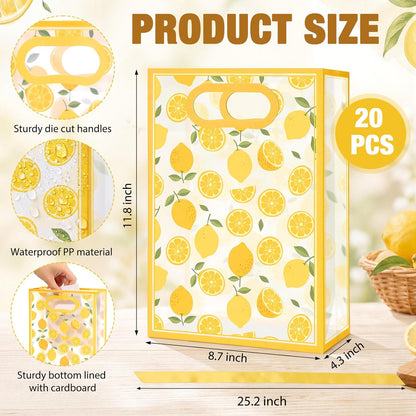 20 Pack Lemon Gift Bags, PP Clear Gift Bags with Handles, Lemonade Themed Party Favors, Transparent Plastic Treat Candy Snack Packaging for Wedding Birthday Summer Party Supplies