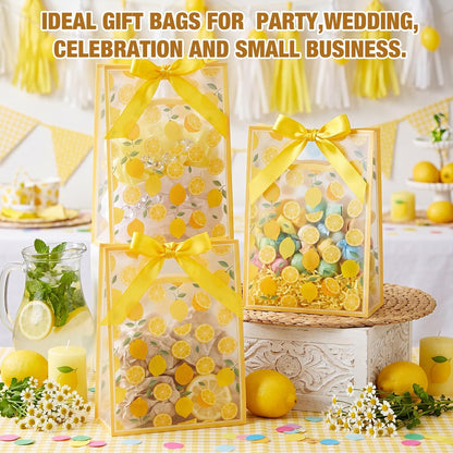20 Pack Lemon Gift Bags, PP Clear Gift Bags with Handles, Lemonade Themed Party Favors, Transparent Plastic Treat Candy Snack Packaging for Wedding Birthday Summer Party Supplies