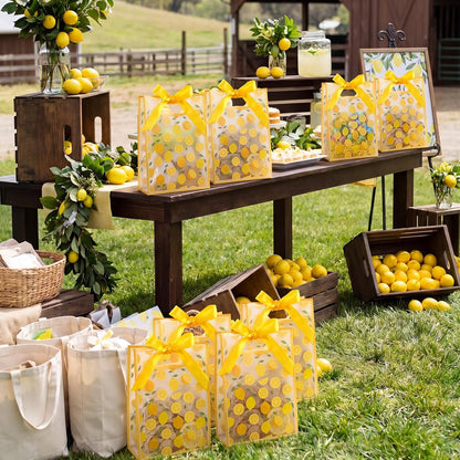20 Pack Lemon Gift Bags, PP Clear Gift Bags with Handles, Lemonade Themed Party Favors, Transparent Plastic Treat Candy Snack Packaging for Wedding Birthday Summer Party Supplies