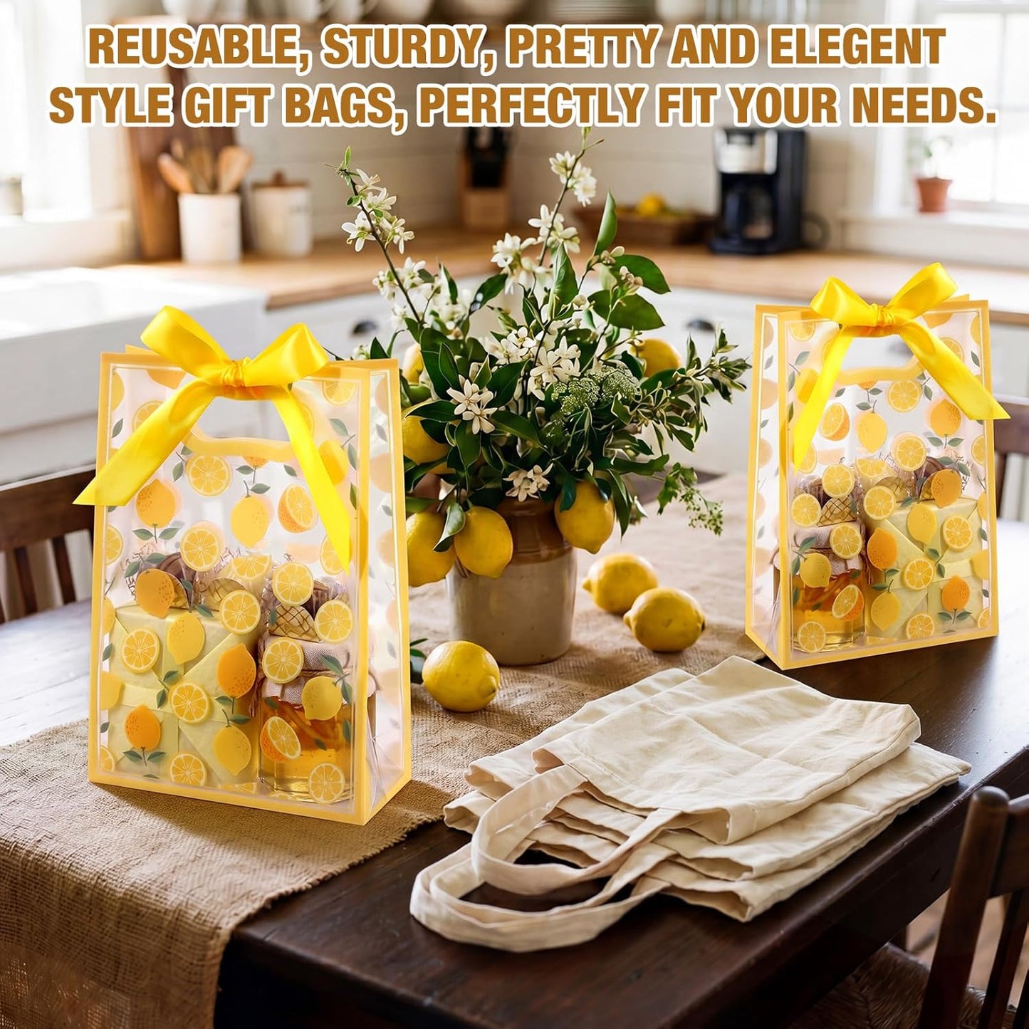 20 Pack Lemon Gift Bags, PP Clear Gift Bags with Handles, Lemonade Themed Party Favors, Transparent Plastic Treat Candy Snack Packaging for Wedding Birthday Summer Party Supplies