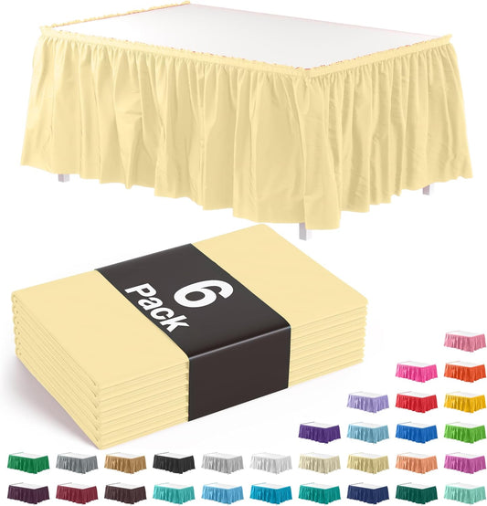 Light Yellow Table Skirt 6 Pack - Disposable Plastic Table Skirts for Rectangle Tables 6ft 8ft & Round Tables - 29in x 14ft Self-Adhesive Strip - Birthday Wedding Gender Reveal Decor