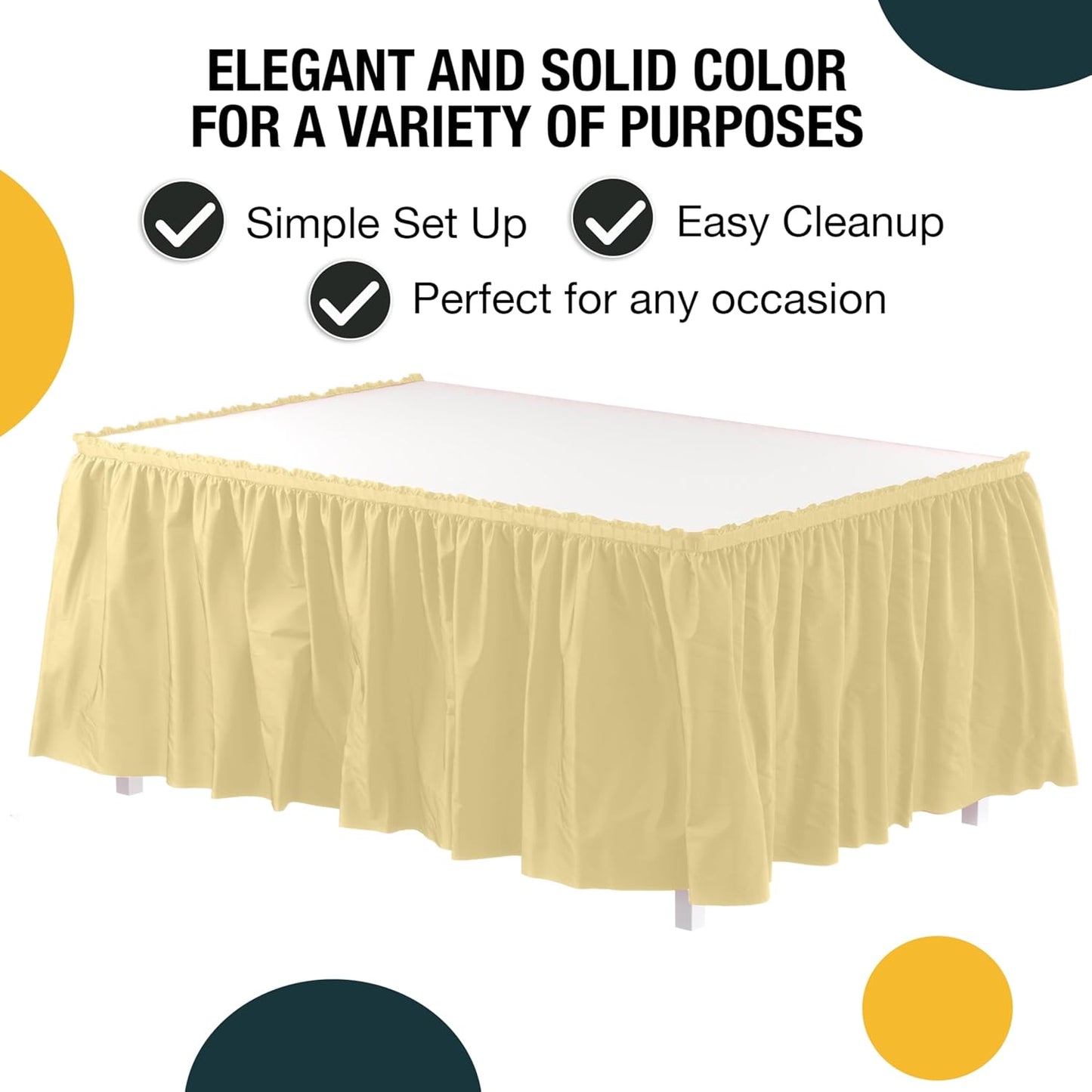 Light Yellow Table Skirt 6 Pack - Disposable Plastic Table Skirts for Rectangle Tables 6ft 8ft & Round Tables - 29in x 14ft Self-Adhesive Strip - Birthday Wedding Gender Reveal Decor