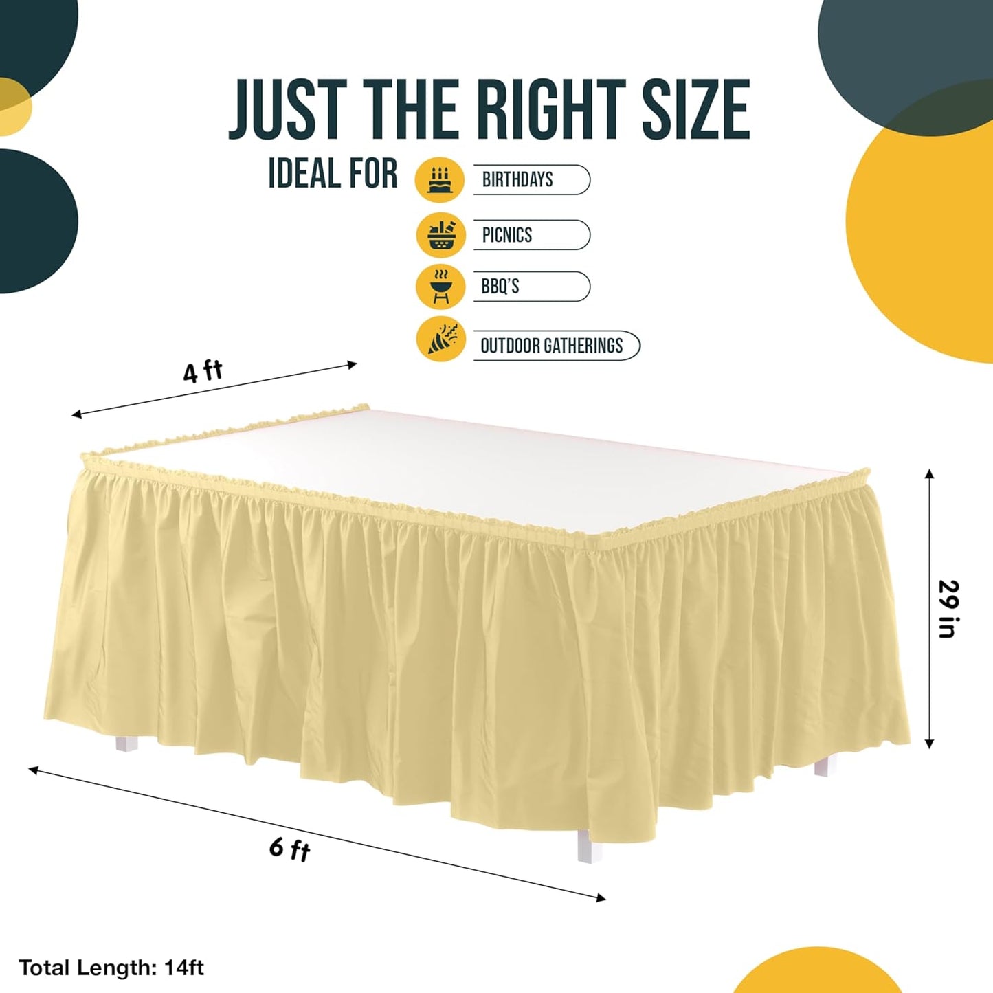 Light Yellow Table Skirt 6 Pack - Disposable Plastic Table Skirts for Rectangle Tables 6ft 8ft & Round Tables - 29in x 14ft Self-Adhesive Strip - Birthday Wedding Gender Reveal Decor