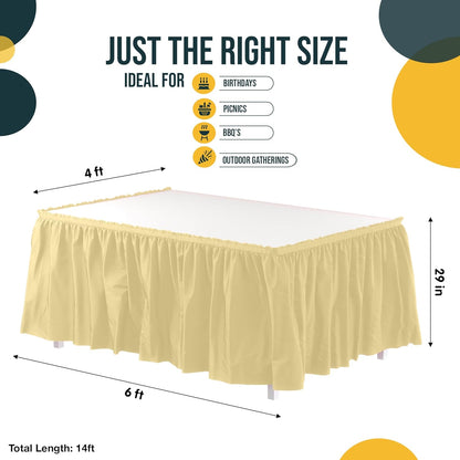 Light Yellow Table Skirt 6 Pack - Disposable Plastic Table Skirts for Rectangle Tables 6ft 8ft & Round Tables - 29in x 14ft Self-Adhesive Strip - Birthday Wedding Gender Reveal Decor