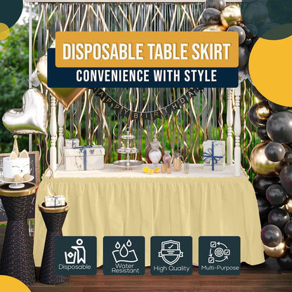 Light Yellow Table Skirt 6 Pack - Disposable Plastic Table Skirts for Rectangle Tables 6ft 8ft & Round Tables - 29in x 14ft Self-Adhesive Strip - Birthday Wedding Gender Reveal Decor