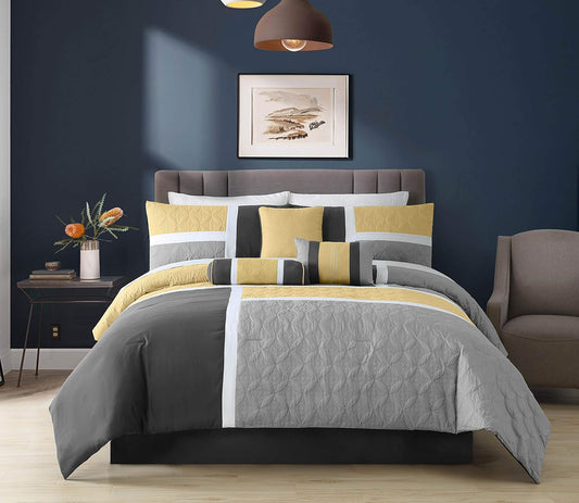 Upland 7-Piece Quilted Patchwork Comforter Set, Yellow/Charcoal/Gray, Queen