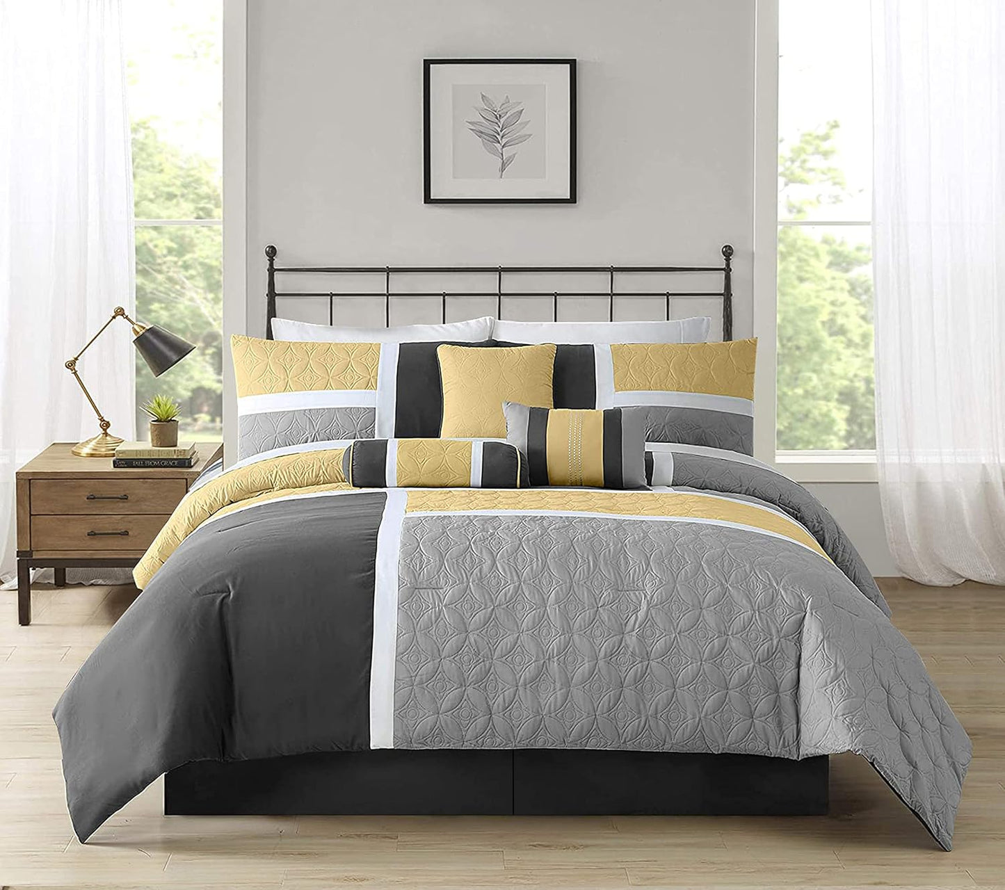 Upland 7-Piece Quilted Patchwork Comforter Set, Yellow/Charcoal/Gray, Queen