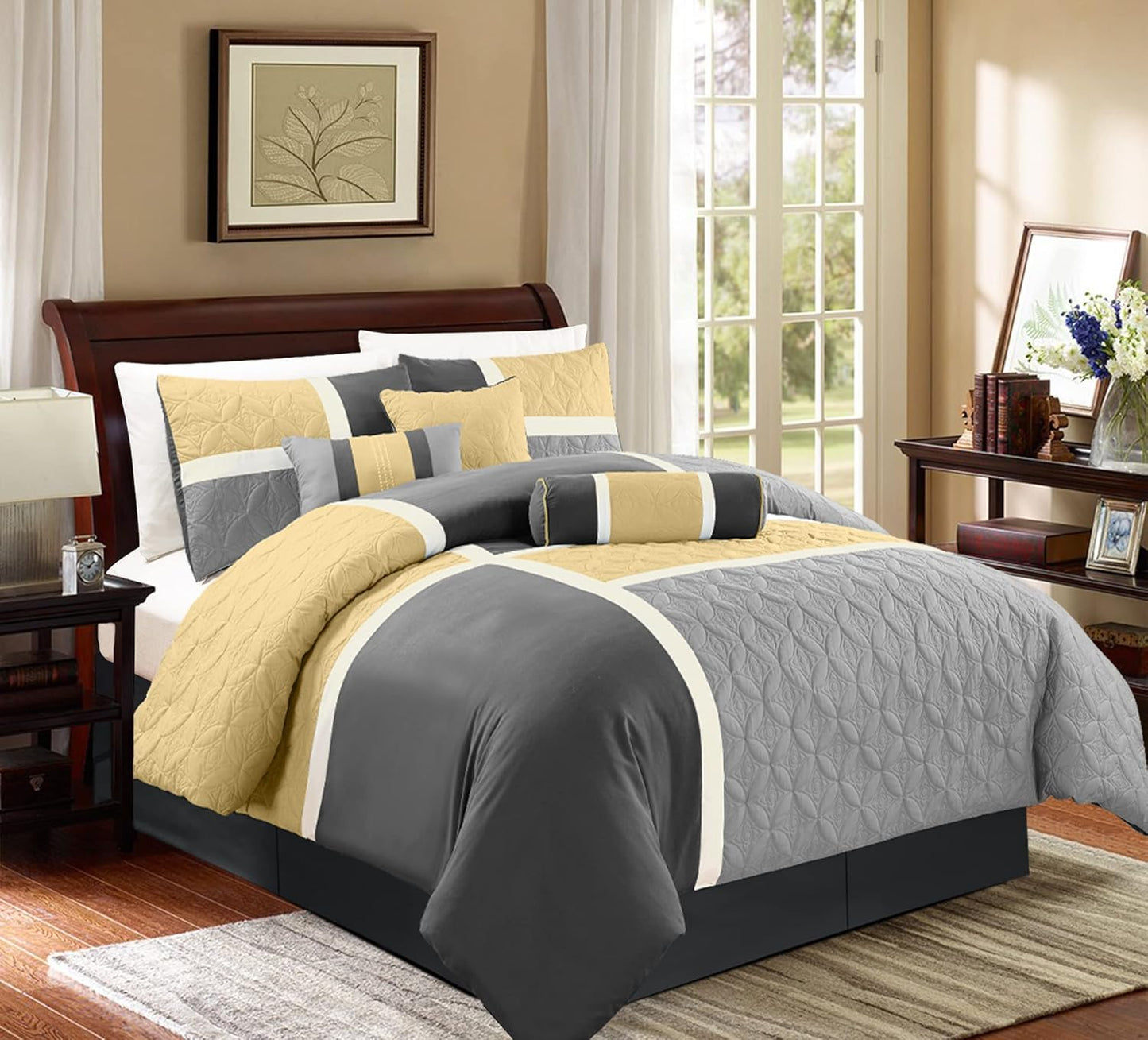 Upland 7-Piece Quilted Patchwork Comforter Set, Yellow/Charcoal/Gray, Queen