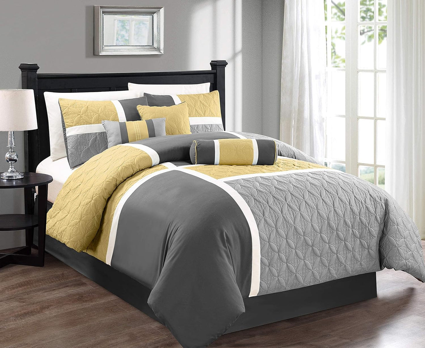 Upland 7-Piece Quilted Patchwork Comforter Set, Yellow/Charcoal/Gray, Queen