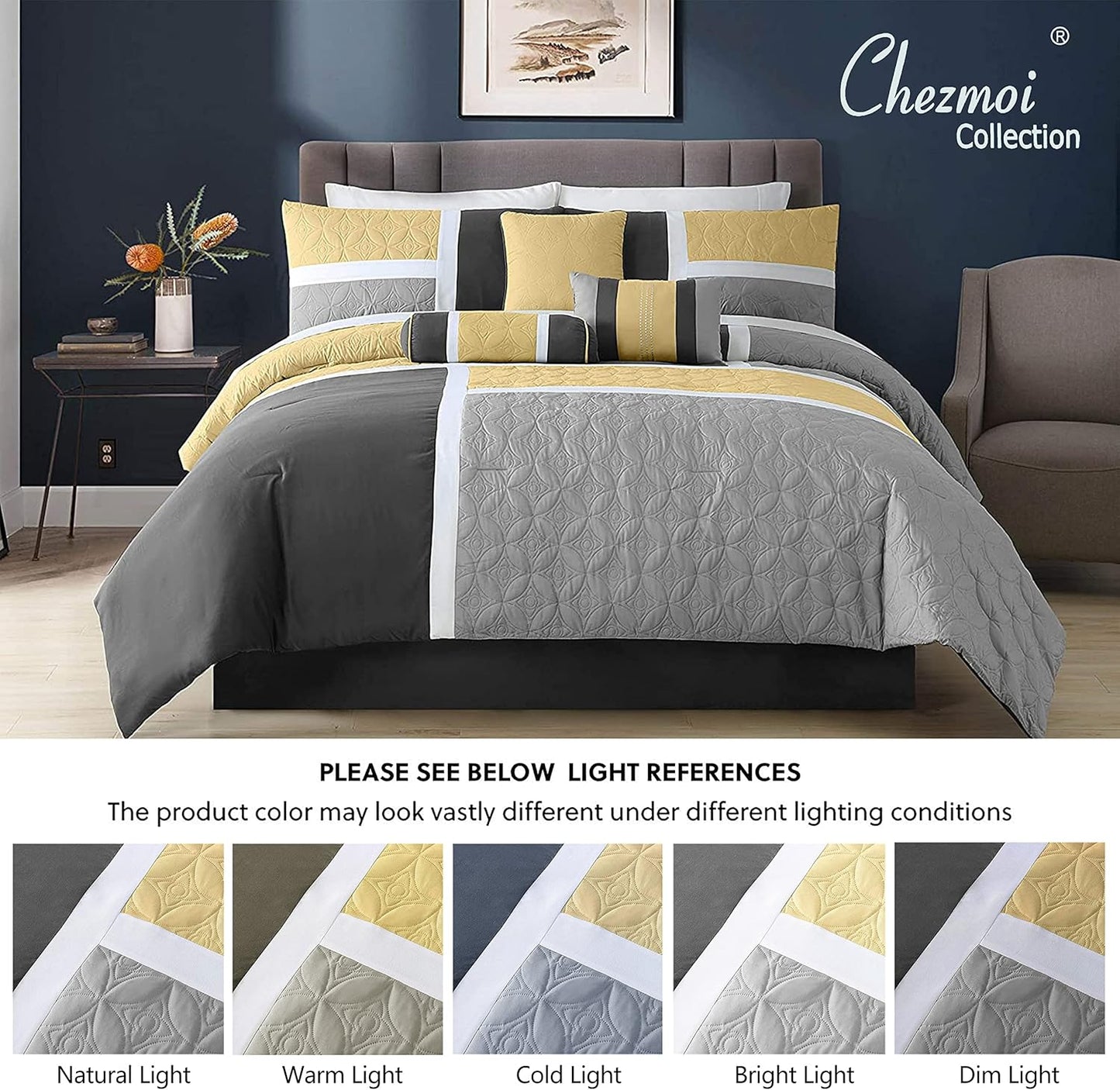 Upland 7-Piece Quilted Patchwork Comforter Set, Yellow/Charcoal/Gray, Queen