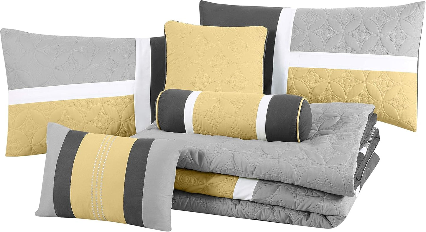 Upland 7-Piece Quilted Patchwork Comforter Set, Yellow/Charcoal/Gray, Queen