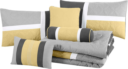 Upland 7-Piece Quilted Patchwork Comforter Set, Yellow/Charcoal/Gray, Queen