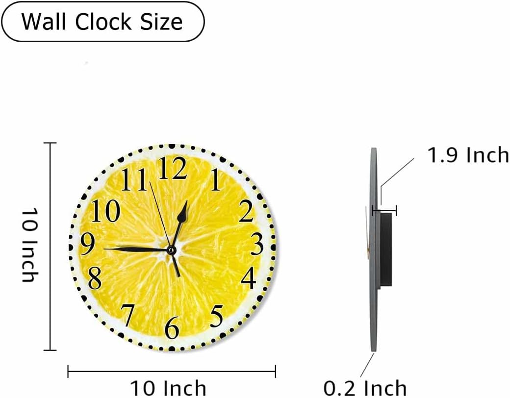Lemon Slices Wall Clock 10 Inch Battery Operated Citrus Fruit Clock Silent Non-Ticking Modern Clocks Decorative for Home Kitchen Living Room Bathroom Office
