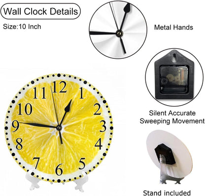 Lemon Slices Wall Clock 10 Inch Battery Operated Citrus Fruit Clock Silent Non-Ticking Modern Clocks Decorative for Home Kitchen Living Room Bathroom Office