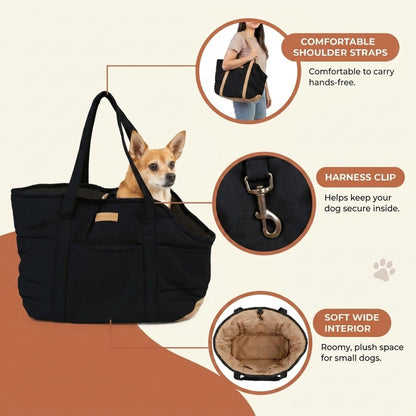 Plush Dog Purse Carrier for Small Dogs, Soft Dog Tote Bag with Safety Harness Clip, Cozy Pet Carrier for Dogs Under 15 lbs, Comfortable Dog Shoulder Carrier for Travel, Brown