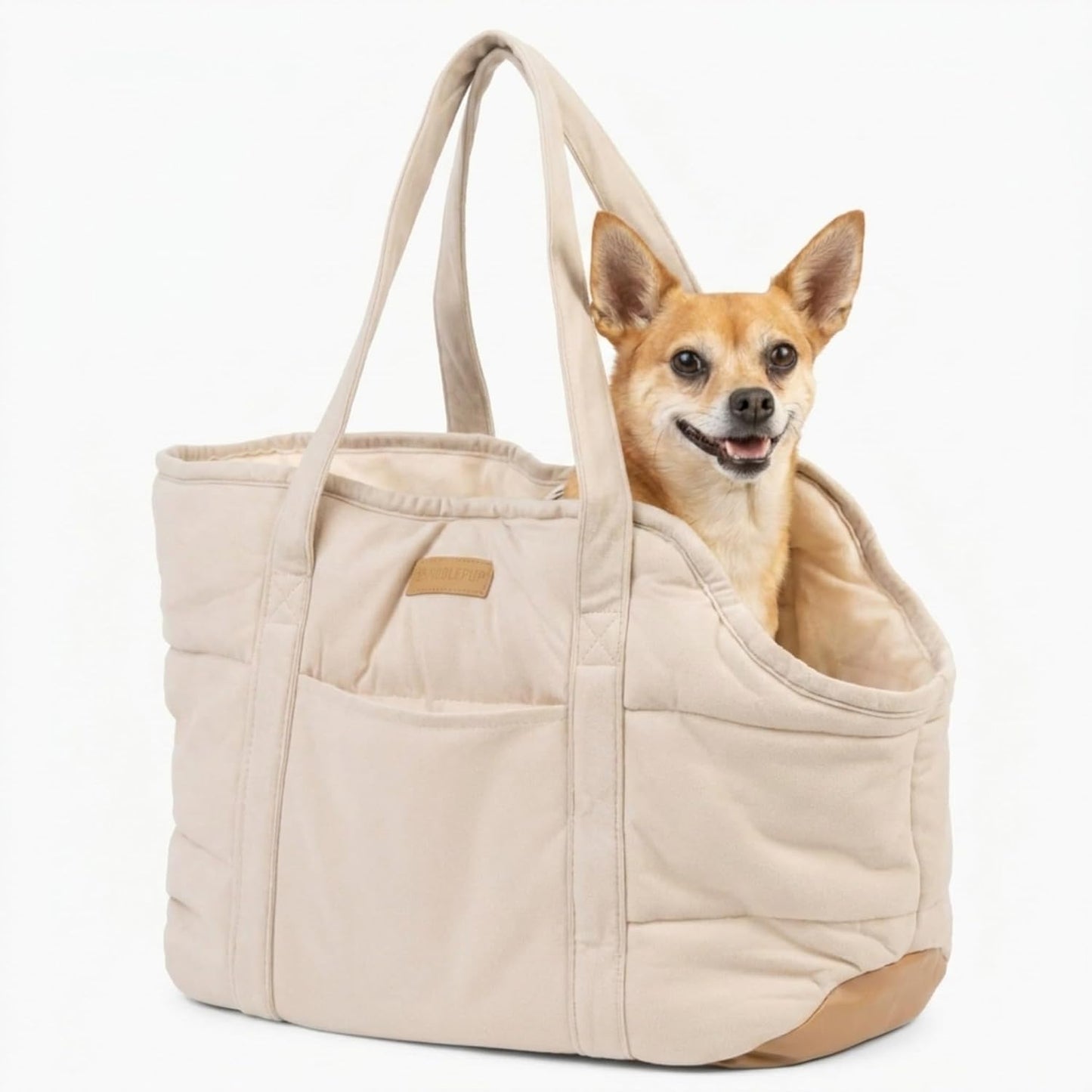 Plush Dog Purse Carrier for Small Dogs, Soft Dog Tote Bag with Safety Harness Clip, Cozy Pet Carrier for Dogs Under 15 lbs, Comfortable Dog Shoulder Carrier for Travel, Brown