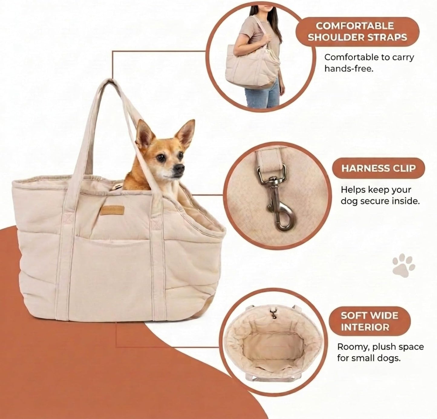 Plush Dog Purse Carrier for Small Dogs, Soft Dog Tote Bag with Safety Harness Clip, Cozy Pet Carrier for Dogs Under 15 lbs, Comfortable Dog Shoulder Carrier for Travel, Brown