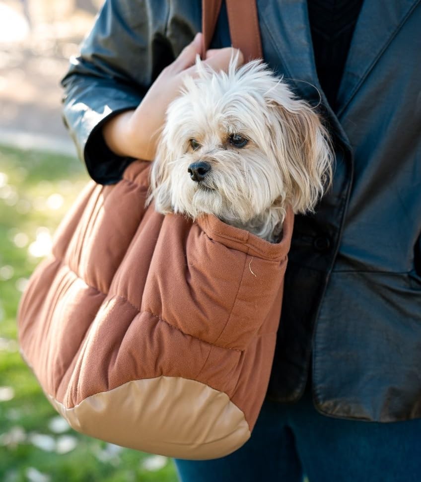 Plush Dog Purse Carrier for Small Dogs, Soft Dog Tote Bag with Safety Harness Clip, Cozy Pet Carrier for Dogs Under 15 lbs, Comfortable Dog Shoulder Carrier for Travel, Brown