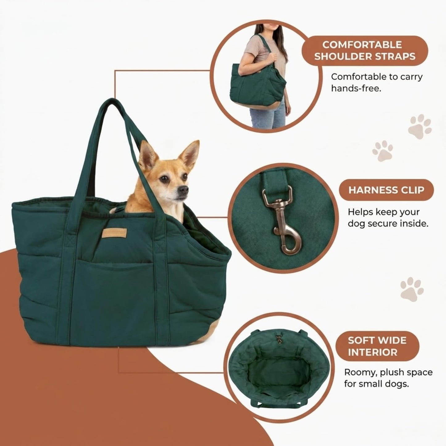 Plush Dog Purse Carrier for Small Dogs, Soft Dog Tote Bag with Safety Harness Clip, Cozy Pet Carrier for Dogs Under 15 lbs, Comfortable Dog Shoulder Carrier for Travel, Brown