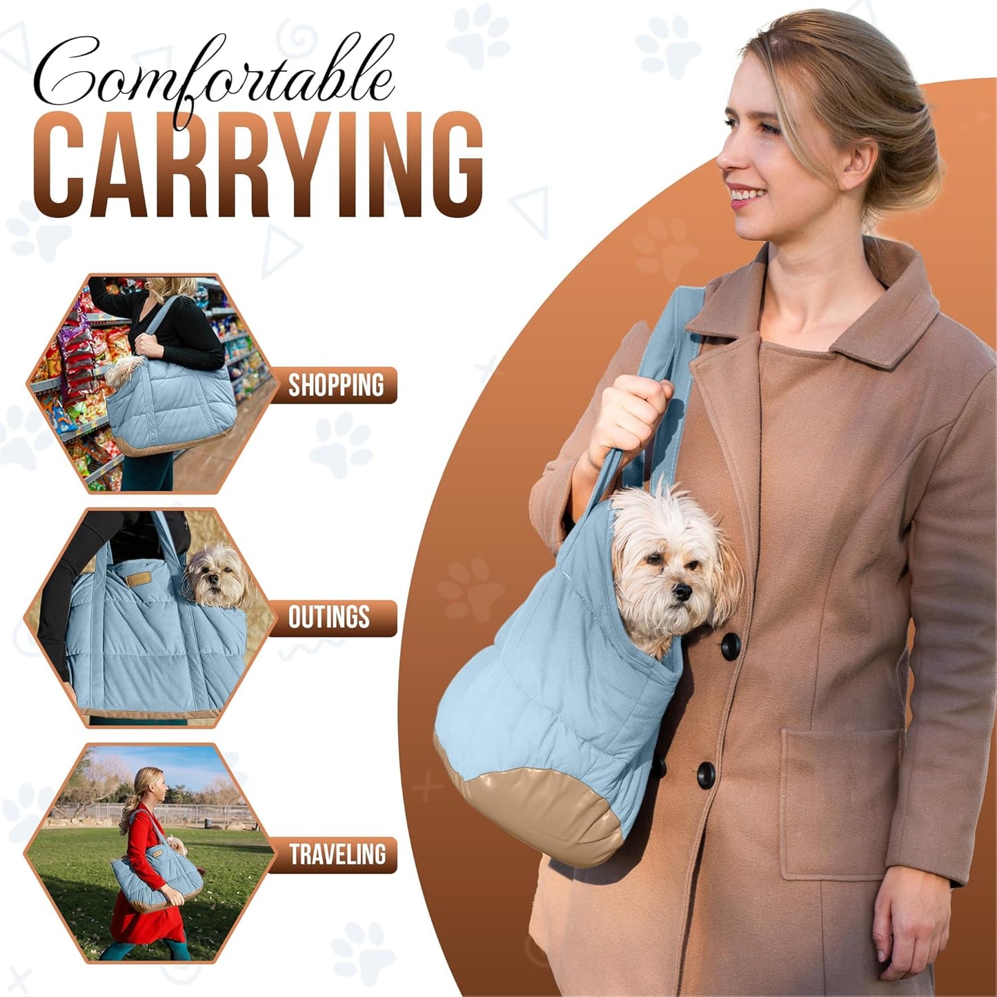 Plush Dog Purse Carrier for Small Dogs, Soft Dog Tote Bag with Safety Harness Clip, Cozy Pet Carrier for Dogs Under 15 lbs, Comfortable Dog Shoulder Carrier for Travel, Brown