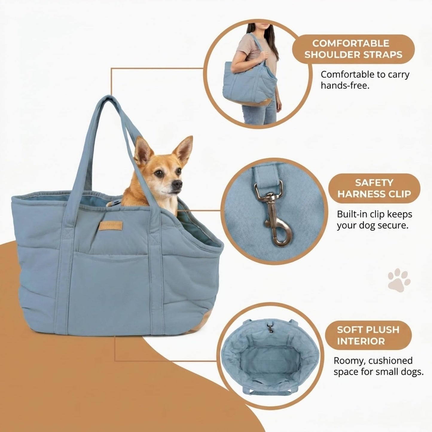 Plush Dog Purse Carrier for Small Dogs, Soft Dog Tote Bag with Safety Harness Clip, Cozy Pet Carrier for Dogs Under 15 lbs, Comfortable Dog Shoulder Carrier for Travel, Brown