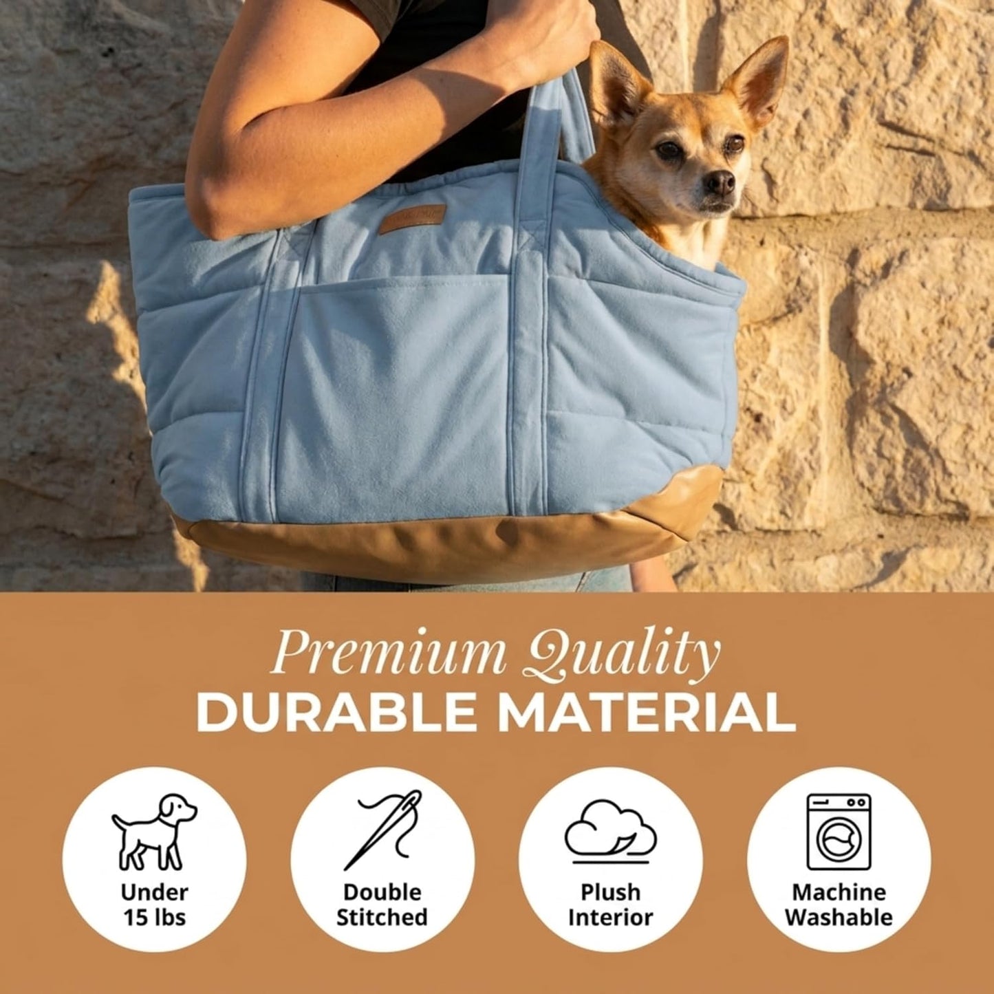 Plush Dog Purse Carrier for Small Dogs, Soft Dog Tote Bag with Safety Harness Clip, Cozy Pet Carrier for Dogs Under 15 lbs, Comfortable Dog Shoulder Carrier for Travel, Brown