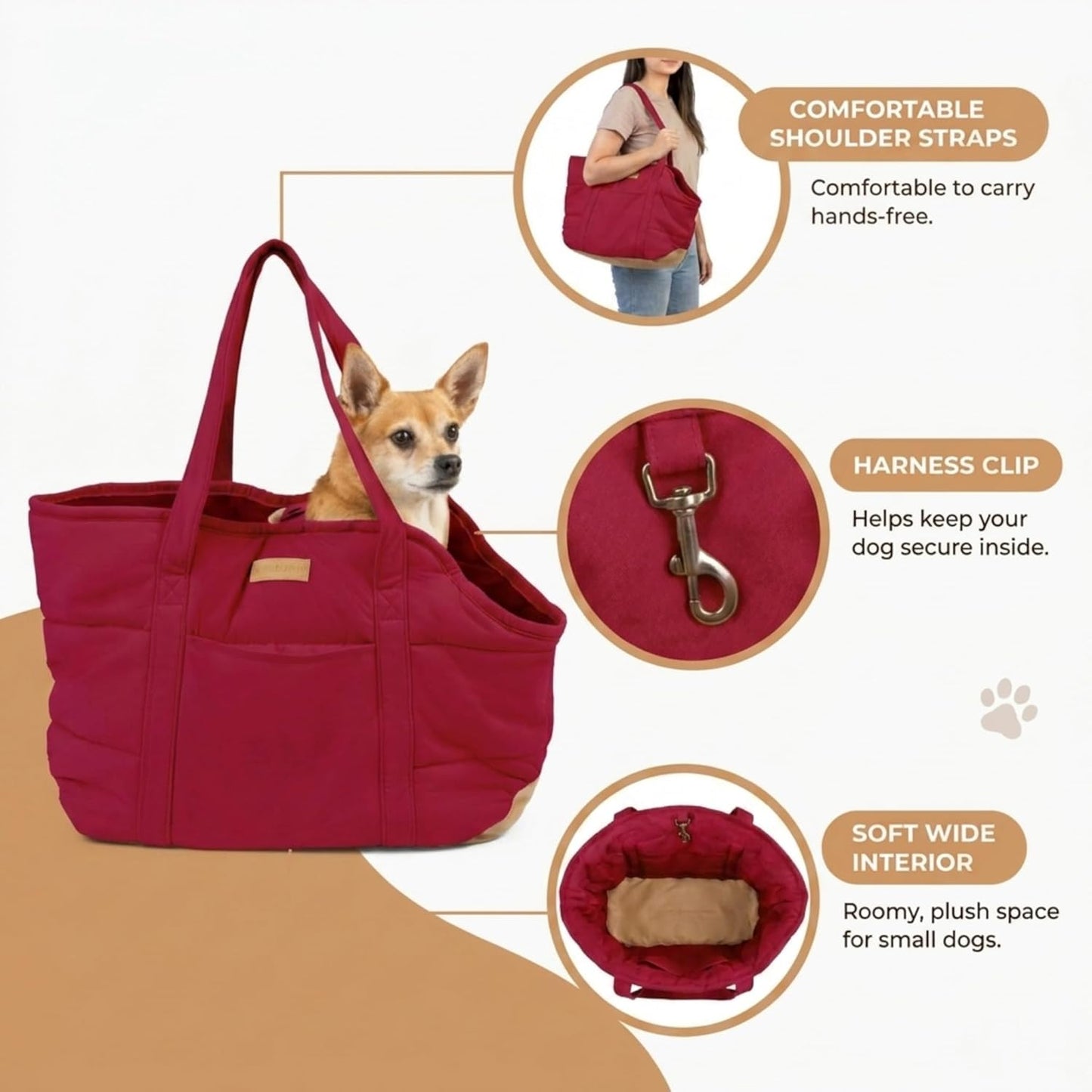 Plush Dog Purse Carrier for Small Dogs, Soft Dog Tote Bag with Safety Harness Clip, Cozy Pet Carrier for Dogs Under 15 lbs, Comfortable Dog Shoulder Carrier for Travel, Brown