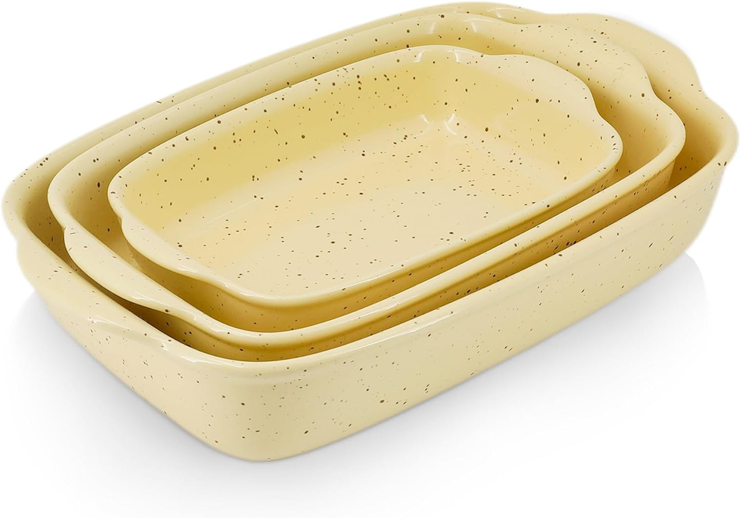 Casserole Dish Set of 3,Lasagna Pan,Ceramic Bakeware for Oven,Rectangular Baking Dishes with Handles,High Heat Resistant,Colorful Speckle Stoneware Series (13.8''/12''/9.6''Yellow)