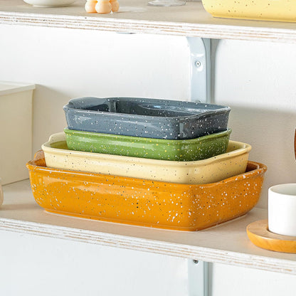 Casserole Dish Set of 3,Lasagna Pan,Ceramic Bakeware for Oven,Rectangular Baking Dishes with Handles,High Heat Resistant,Colorful Speckle Stoneware Series (13.8''/12''/9.6''Yellow)