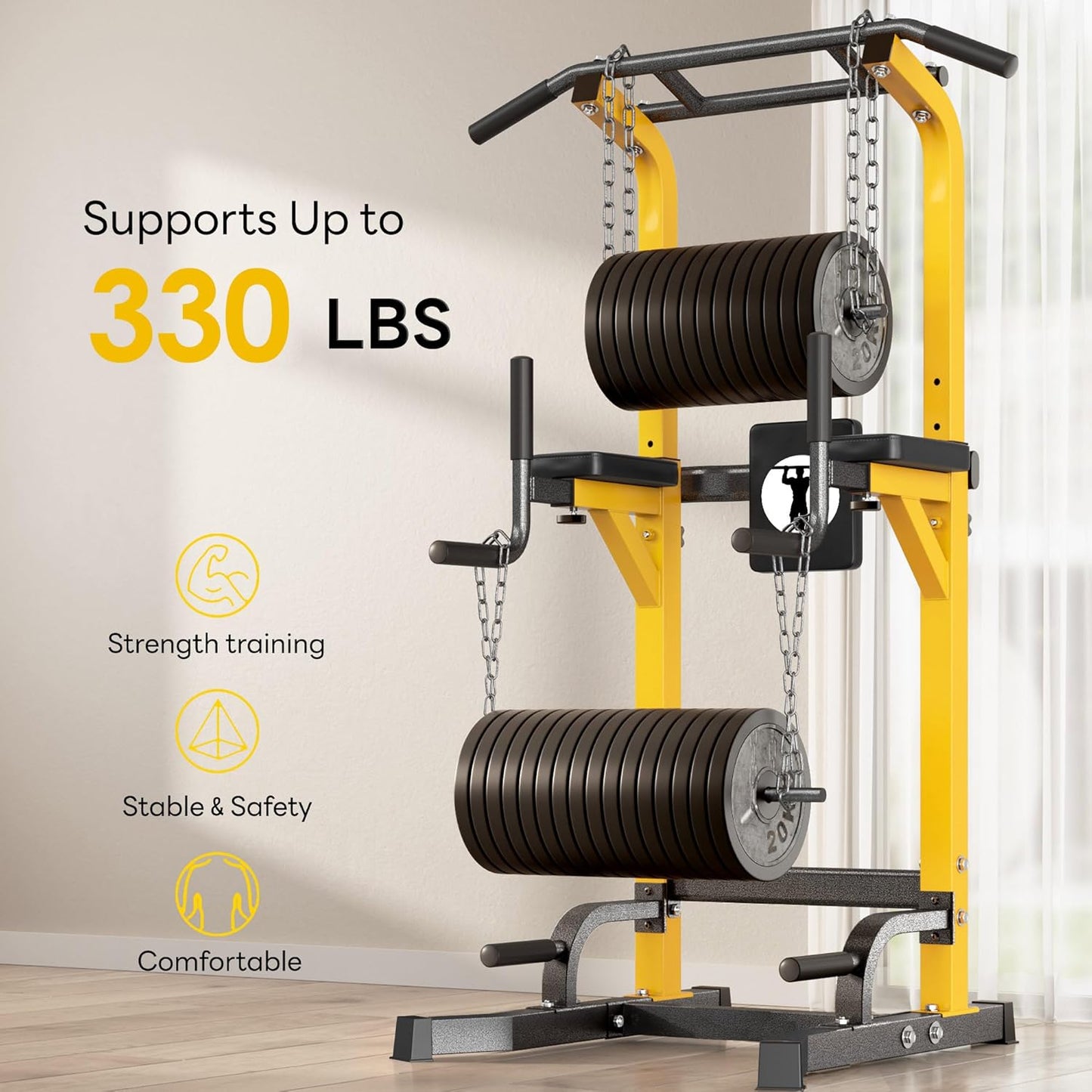 Multi-Function Power Tower Pull Up Bar Station Pull Up Dip Station for Home Gym, 10-Level Adjustable Height Pull Up Bar Stand Dip Bar Strength Training Workout Equipment