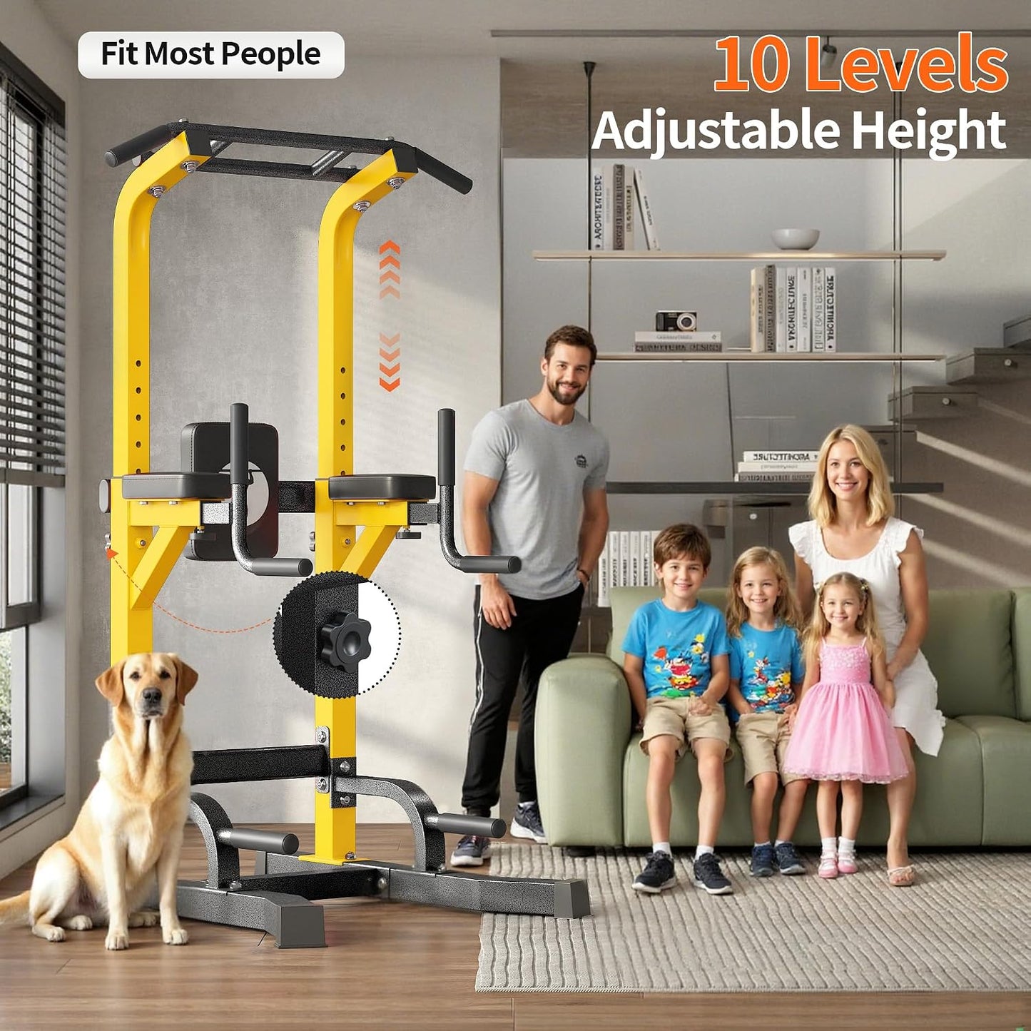 Multi-Function Power Tower Pull Up Bar Station Pull Up Dip Station for Home Gym, 10-Level Adjustable Height Pull Up Bar Stand Dip Bar Strength Training Workout Equipment