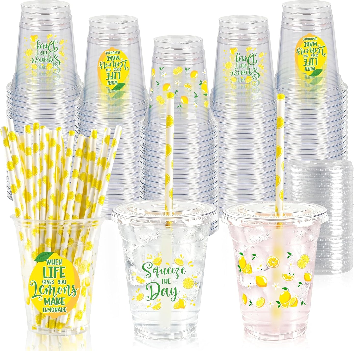 50pcs Lemon Plastic Cups with Lids and Paper Straws, 12 oz Yellow Lemon Disposable Cup Fruit Drinking Cup for Lemonade Juice Coffee Stand Supplies Summer Party Birthday Baby Shower Party Decor