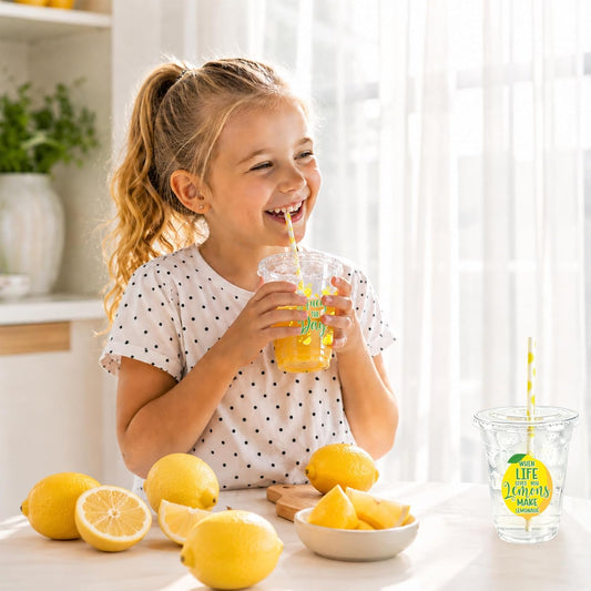 50pcs Lemon Plastic Cups with Lids and Paper Straws, 12 oz Yellow Lemon Disposable Cup Fruit Drinking Cup for Lemonade Juice Coffee Stand Supplies Summer Party Birthday Baby Shower Party Decor