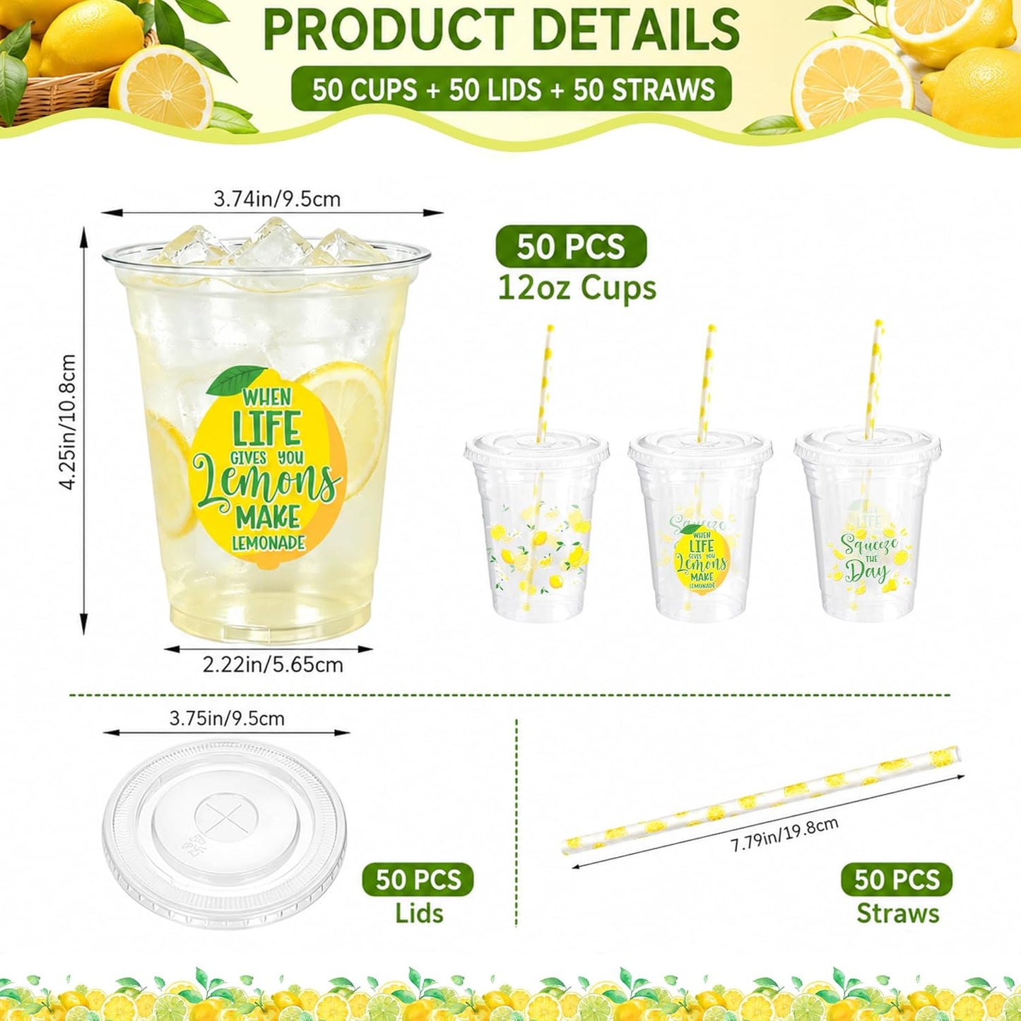 50pcs Lemon Plastic Cups with Lids and Paper Straws, 12 oz Yellow Lemon Disposable Cup Fruit Drinking Cup for Lemonade Juice Coffee Stand Supplies Summer Party Birthday Baby Shower Party Decor