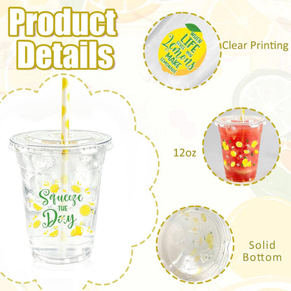 50pcs Lemon Plastic Cups with Lids and Paper Straws, 12 oz Yellow Lemon Disposable Cup Fruit Drinking Cup for Lemonade Juice Coffee Stand Supplies Summer Party Birthday Baby Shower Party Decor