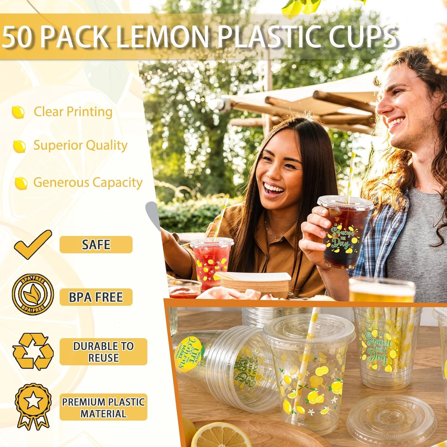 50pcs Lemon Plastic Cups with Lids and Paper Straws, 12 oz Yellow Lemon Disposable Cup Fruit Drinking Cup for Lemonade Juice Coffee Stand Supplies Summer Party Birthday Baby Shower Party Decor