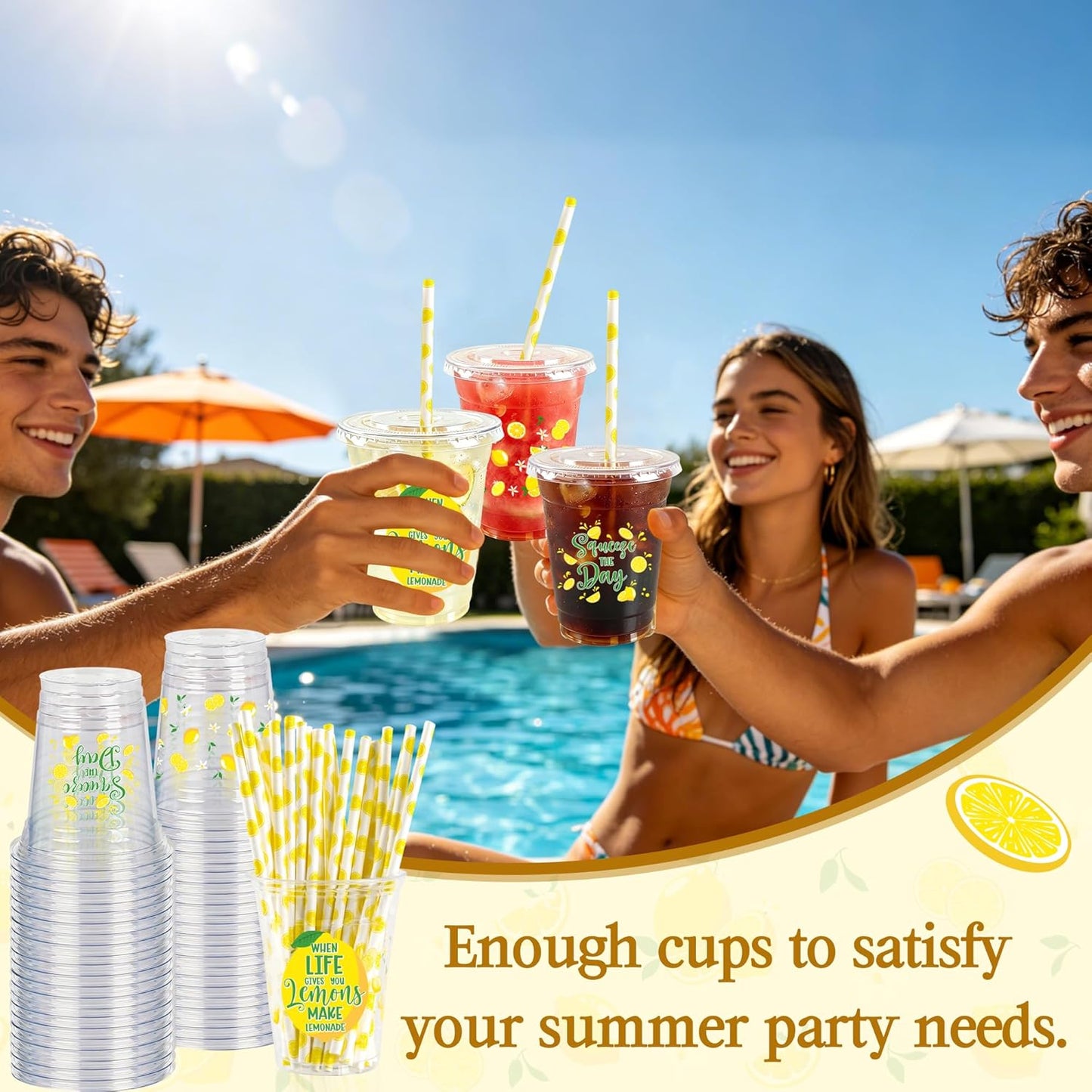 50pcs Lemon Plastic Cups with Lids and Paper Straws, 12 oz Yellow Lemon Disposable Cup Fruit Drinking Cup for Lemonade Juice Coffee Stand Supplies Summer Party Birthday Baby Shower Party Decor