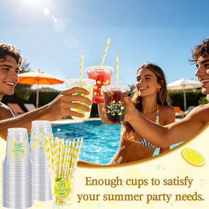 50pcs Lemon Plastic Cups with Lids and Paper Straws, 12 oz Yellow Lemon Disposable Cup Fruit Drinking Cup for Lemonade Juice Coffee Stand Supplies Summer Party Birthday Baby Shower Party Decor