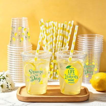 50pcs Lemon Plastic Cups with Lids and Paper Straws, 12 oz Yellow Lemon Disposable Cup Fruit Drinking Cup for Lemonade Juice Coffee Stand Supplies Summer Party Birthday Baby Shower Party Decor