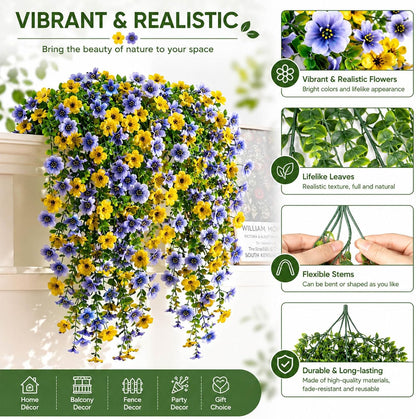 6 Pcs Hanging Violet UV Resistant Artificial Outdoor Flowers | Spring Summer Faux Flowers for Planters,Hyeflora Cascading Plants Garden,Patio,Home,Porch,Yard(Blue Yellow）