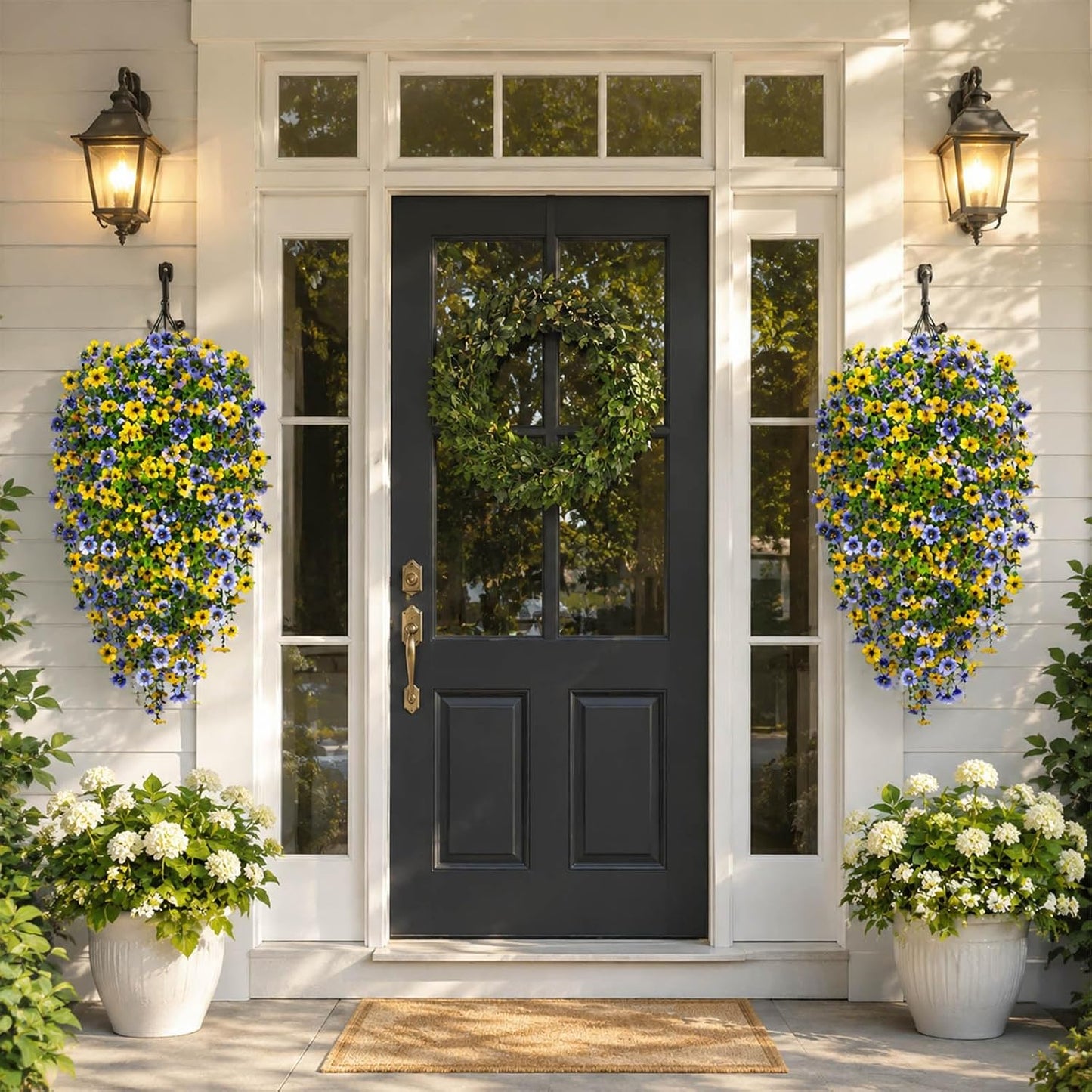 6 Pcs Hanging Violet UV Resistant Artificial Outdoor Flowers | Spring Summer Faux Flowers for Planters,Hyeflora Cascading Plants Garden,Patio,Home,Porch,Yard(Blue Yellow）