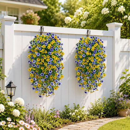 6 Pcs Hanging Violet UV Resistant Artificial Outdoor Flowers | Spring Summer Faux Flowers for Planters,Hyeflora Cascading Plants Garden,Patio,Home,Porch,Yard(Blue Yellow）